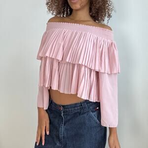 Vintage Italian Blush Pleated Off-Shoulder Ruffle Top (S)